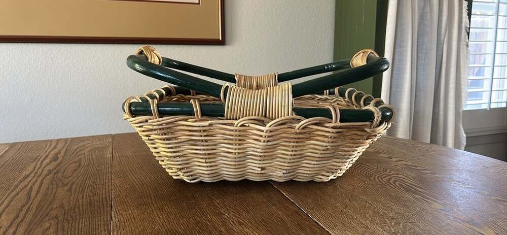 Vintage Wicker Basket with Green Painted Handles Farmhouse Country Decor